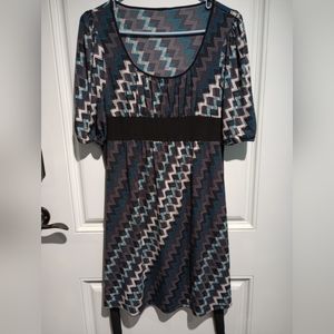 Geometric design dress teal black grey cream multi colored print
